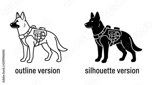 Foto Service Dog Outline and Silhouette: A clear outline and a solid silhouette of a service dog wearing a vest, illustrating two distinct graphic representations for design