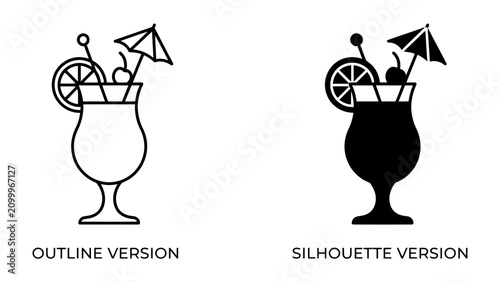 Billede på lærred Cocktail Icons: A set of stylized icons representing a refreshing cocktail, featuring a garnish of fruit, cherry, and umbrella