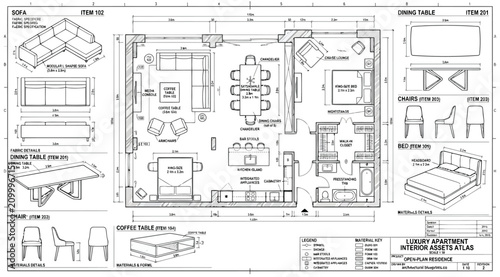 Photos Technical floor plan and furniture specifications for a luxury apartment