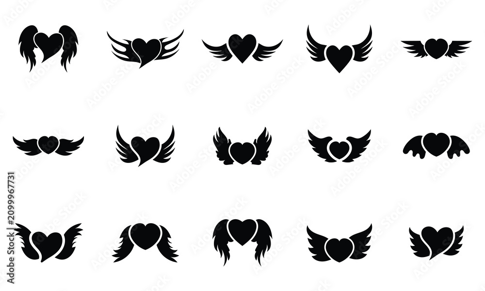 Obraz premium Winged Heart Icons Set – Love Heart with Angel Wings Vector Collection, Romantic Valentine Symbols
