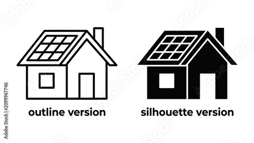 Fotografía Solar Panel House Icons: Two representations of a house with solar panels on the roof, one in outline style and the other as a silhouette, symbolizing renewable energy and sustainable living
