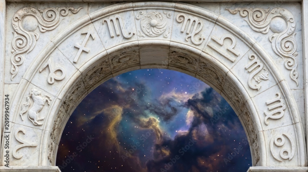 Obraz premium Majestic archway into galaxies concept. A decorative archway revealing a cosmic view beyond its stone.
