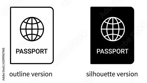 Passport Icons: A pair of passport icons, one in outline and one in silhouette, depicting a stylized globe and the word PASSPORT to represent international travel and identification.