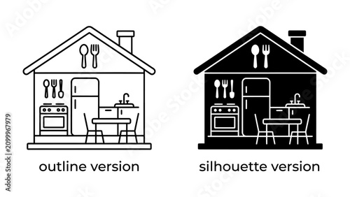 Bild auf Leinwand Kitchen Outline and Silhouette: A comparative illustration showcasing a kitchen scene with essential elements like a stove, refrigerator, table, and utensils