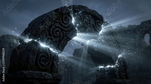 Majestic archway into galaxies concept. Mysterious ancient archway illuminated by soft, diffused light.