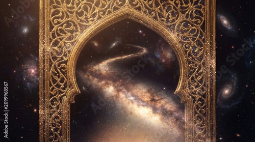 Majestic archway into galaxies concept. Stunning cosmic view through an ornate golden arch.