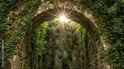 Majestic archway into galaxies concept. Sunlight beams through a historic archway covered in greenery.