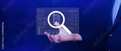 OCR technology concepts. using AI powered OCR with virtual interface, representing intelligent document scanning, text recognition, automation processing tools. not ai