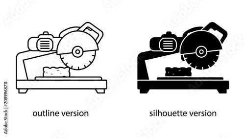 Fotografie Chop Saw Icon: Two styles of a chop saw, one in outline and the other in silhouette, showing a cutting disc and a block of material ready for a precise cut