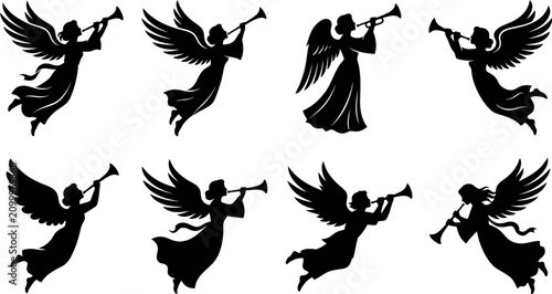 Tableau sur toile Angel silhouettes playing trumpets a black and white graphic collection on a whi