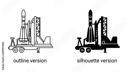 Tableau sur toile Rocket Launchpad: A detailed outline and silhouette illustration of a rocket poised on a launchpad, ready for liftoff