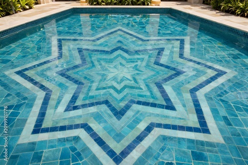 Luxury hotel swimming pool with beautiful geometric patterns, sophisticated resort scenery with star-shaped blue tiles