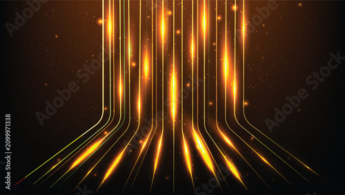 Billede på lærred Abstract  glowing gold neon lines rising vertically with sparkles on a dark sci