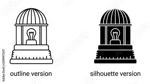 фотографія Light Bulb in Cage Icon: A conceptual illustration of a light bulb contained within a cage, presented in both outline and silhouette versions, symbolizing limited ideas or trapped innovation
