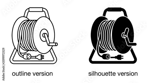 Foto Extension Cord Reel Icon: A graphic representation of an extension cord reel, shown in both an outline and a silhouette version, indicating its utility and portability