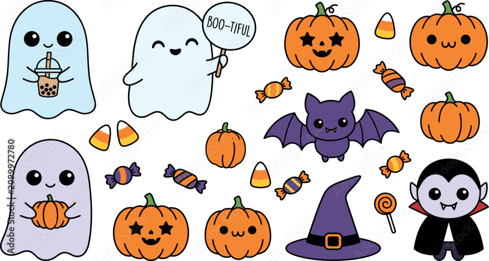 Fototapeta premium Cute kawaii halloween characters and elements vector illustration set