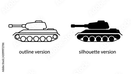 Tableau sur toile Military Tank Icons: A pair of stylized tank icons, one in outline and the other as a solid silhouette, represent military might and armored warfare vehicles