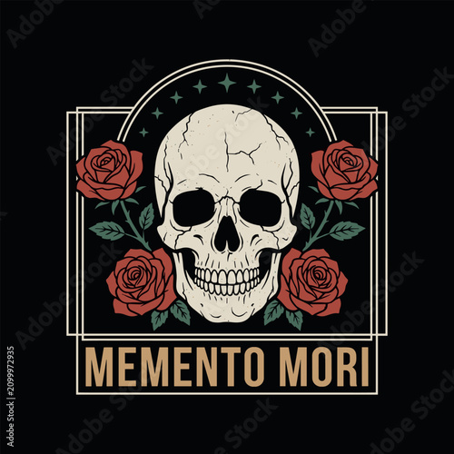 Foto Vintage skull and roses memento mori design for apparel