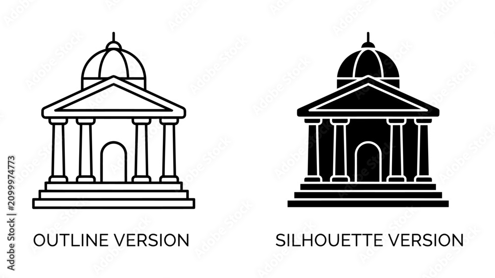 Fototapeta premium Classical Building Icons: A set of two minimalist icons depicting a classical building with a dome and columns, presented in both outline and silhouette styles, symbolizing architecture and design.