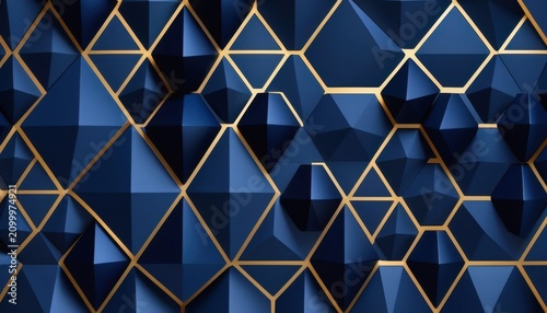 Deep blue geometric shapes form a textured, modern pattern. Golden lines define each polygon, adding elegance and contrast. The design feels luxurious, sophisticated, and high-end