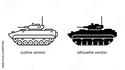 Картината върху платно Armored Personnel Carrier: Two distinct representations of an armored personnel carrier, one an outline and the other a silhouette, showcase military vehicle design