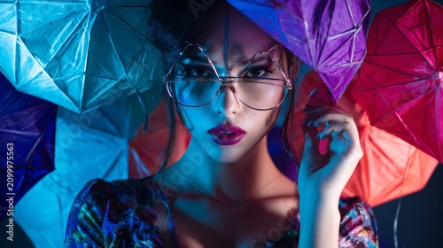 Fashion Portrait Under Colorful Umbrellas with Neon Lighting