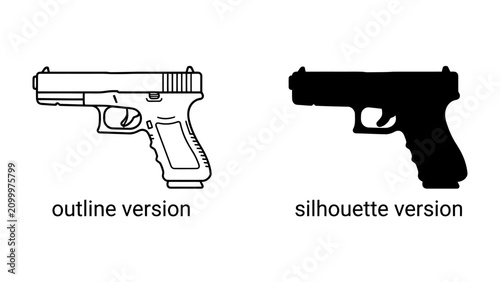 Canvastavla Pistol Outline and Silhouette: Two stylized representations of a handgun, one an outline and the other a black silhouette, symbolizing contrast and design
