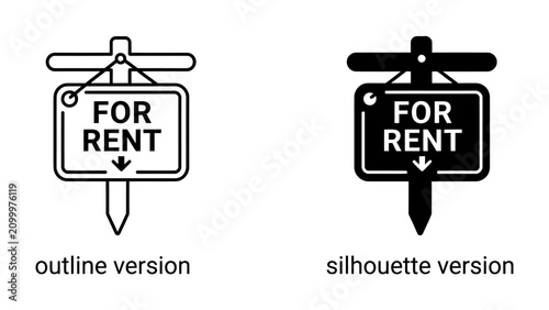 Fotografie For Rent Signs: A duo of For Rent signs, presented in both an outline and silhouette style, clearly indicate a property available for lease