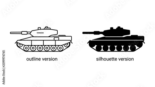 Foto Tank Icon Set: A set of two tank icons, one in outline and the other in silhouette, representing military vehicles and armored warfare