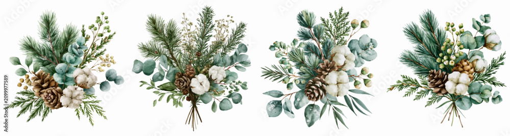 Fototapeta premium Watercolor christmas and winter bouquets featuring fresh conifer branches, eucalyptus leaves, cotton flowers, and natural pine cones as elegant decorative elements for holiday designs