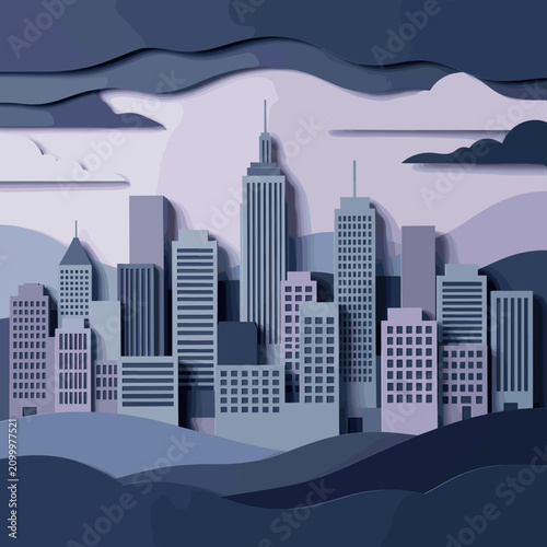 Paper Cutout Cityscape with Skyscrapers and Layered Clouds