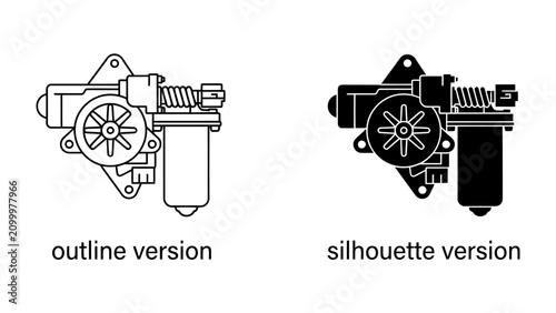 Fotografie Car Window Motor Outline and Silhouette: A technical illustration showcasing a car window motor mechanism in both an outline and silhouette version