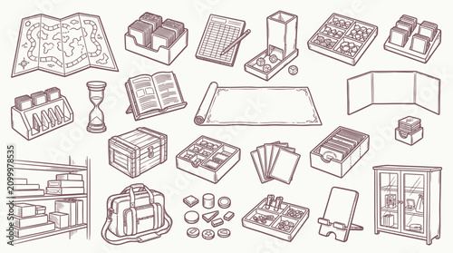 Photography Collection of hand-drawn tabletop role-playing game accessories and components, including maps, dice, books, and miniatures