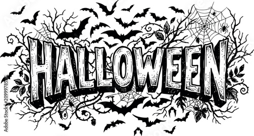 Spooky halloween day typography bats spiderwebs and branches for festive designs