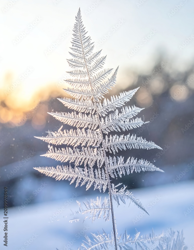 Obraz premium Frost covered fern leaf in winter sunlight.