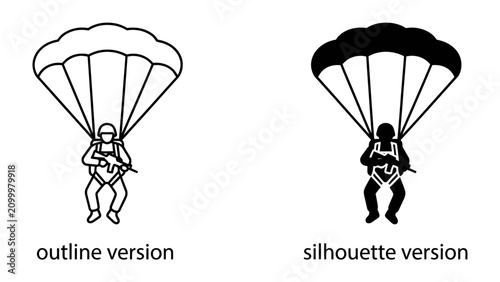 Schilderij op canvas Paratrooper in Descent: A graphic depiction of a paratrooper in mid-air, showcasing both an outline and a silhouette version of a soldier descending with a parachute and holding a rifle