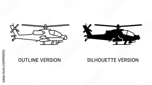 Obraz na plátne Apache Helicopter Outline and Silhouette: A detailed outline drawing and a solid silhouette of an Apache attack helicopter, showcasing its design and iconic shape