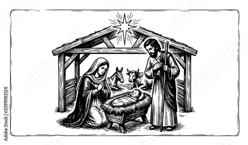 Vintage Engraved Holy Family Nativity Icon – Jesus in Manger Vector Illustration