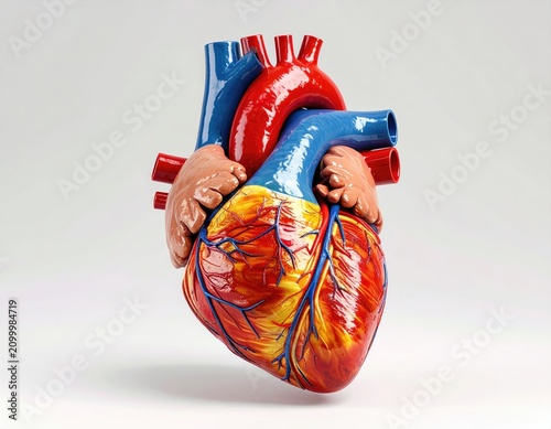 Anatomical model of a human heart with intricate red and blue vessels on a white background