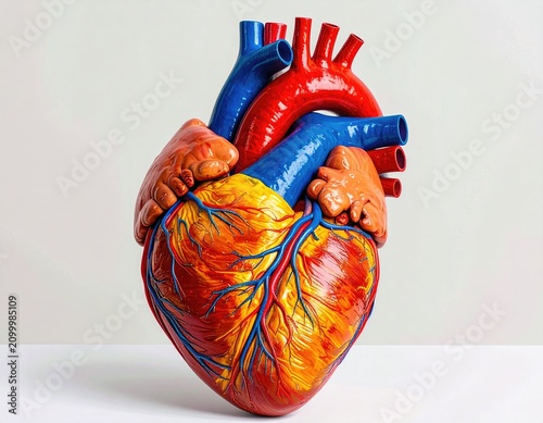 Vivid anatomical model of a human heart with red arteries and blue veins