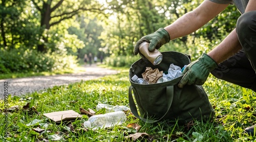 Person in green gloves picking up a discarded aluminum can and other litter from a grassy park path into a dark bag on a sunny day.