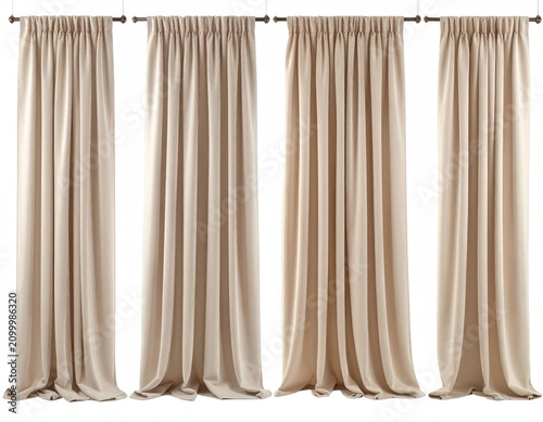 Four floor-length pleated drapes in varying neutral tones hang