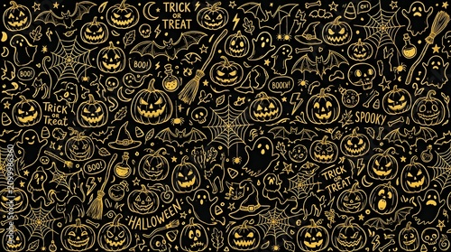 Halloween doodle pattern with pumpkins, ghosts, bats, and spider webs