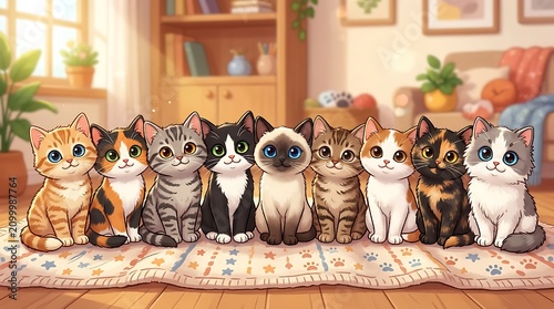 Nine cute cartoon kittens sit in a row, each with unique fur colors and big eyes. These adorable pets look 