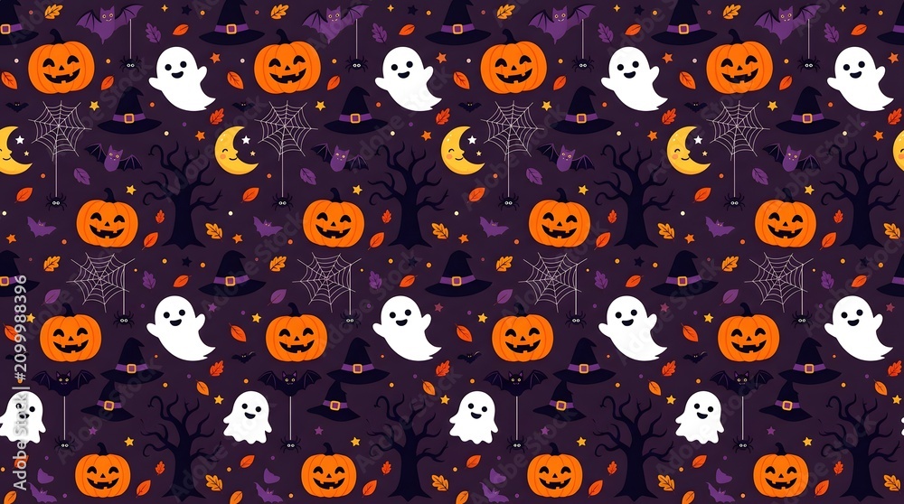 Fototapeta premium Seamless halloween pattern with ghosts, pumpkins, bats, and spider webs