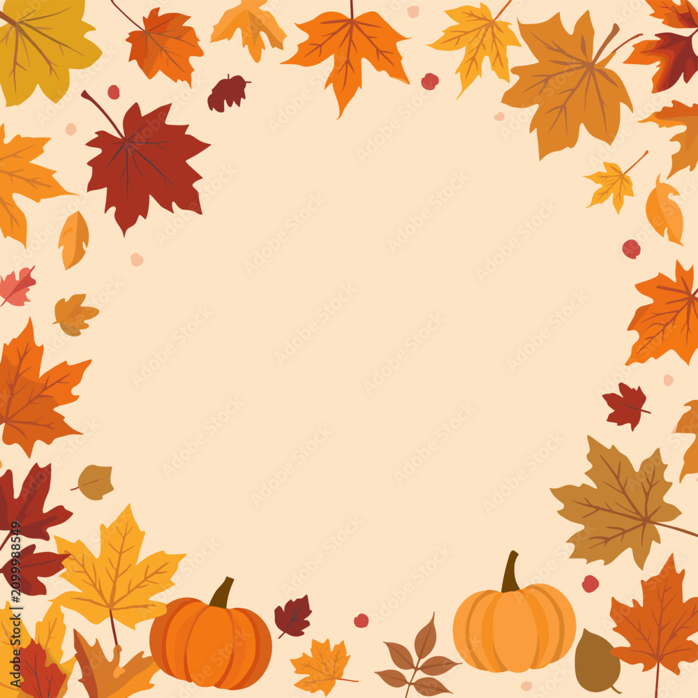 Fototapeta premium A festive autumn border design featuring colorful fall leaves and pumpkins, perfect for seasonal greetings and decorations.