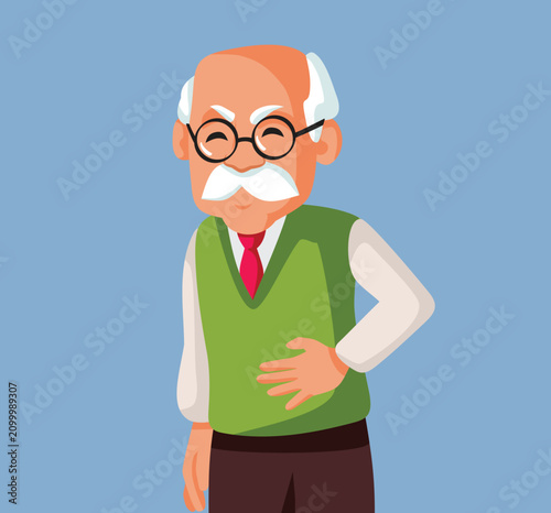 Senior Man Feeling Sudden Pain In His Side At Home
 Elderly retired male grandfather suffers from acute abdominal discomfort inside a room.
