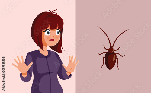 Scared Woman Shocked By Giant Cockroach On The Room Wall. terrified female cartoon character panics over a huge insect inside her home 
