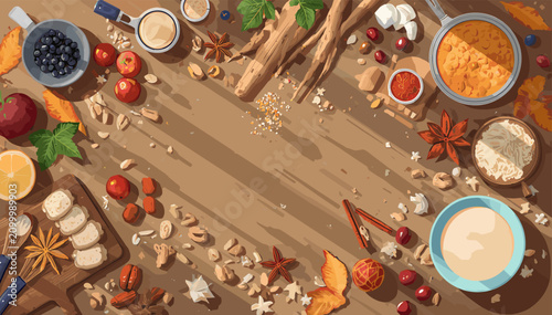 Photos Overhead view of a rustic wooden table filled with a diverse array of fresh ingredients, spices, nuts, and berries, perfect for cooking and healthy eating