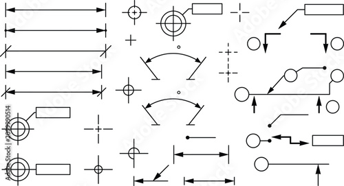 Technical CAD Drawing Vector Elements Set of Architectural Dimension Lines and Engineering Blueprint Symbols